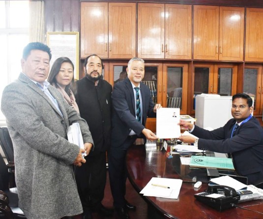 Dr. Chumben Murry, NDPP candidate, accompanied by Deputy Chief Minister Yanthungo Patton, Advisor Hekani Jakhalu Kense and other dignitaries, filing his nomination papers for Lok Sabha Election 2024 before Commissioner Nagaland & Returning Officer, Sushil Kumar Patel at Commissioner & Returning Officer Office, Kohima on March 26. (DIPR Photo)